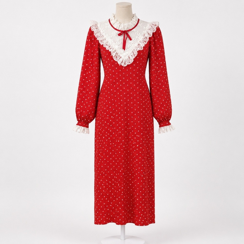 Vintage 70s Handmade Lace Prairie Maxi Dress Size S Red Victorian Cottagecore